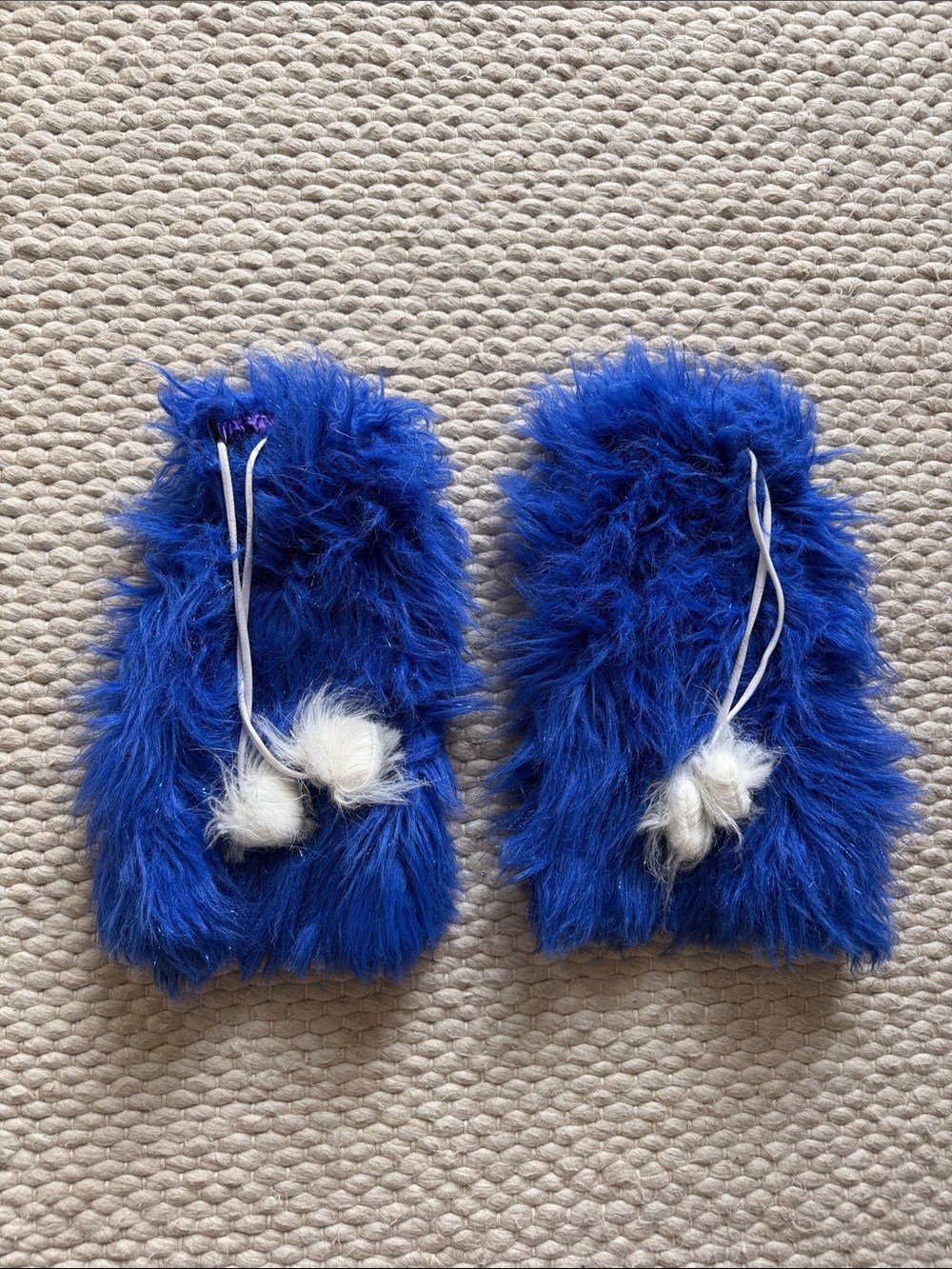 Bright Blue Fuzzy Faux Fur Leg Warmers with White Pom Ties Rave Festival